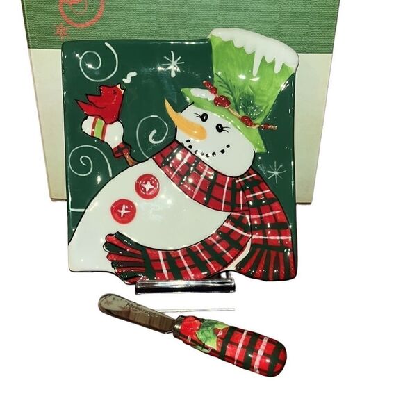 Fitz & Floyd Holly Hat Snowman Snack Plate w/ Spreader - Picture 1 of 11